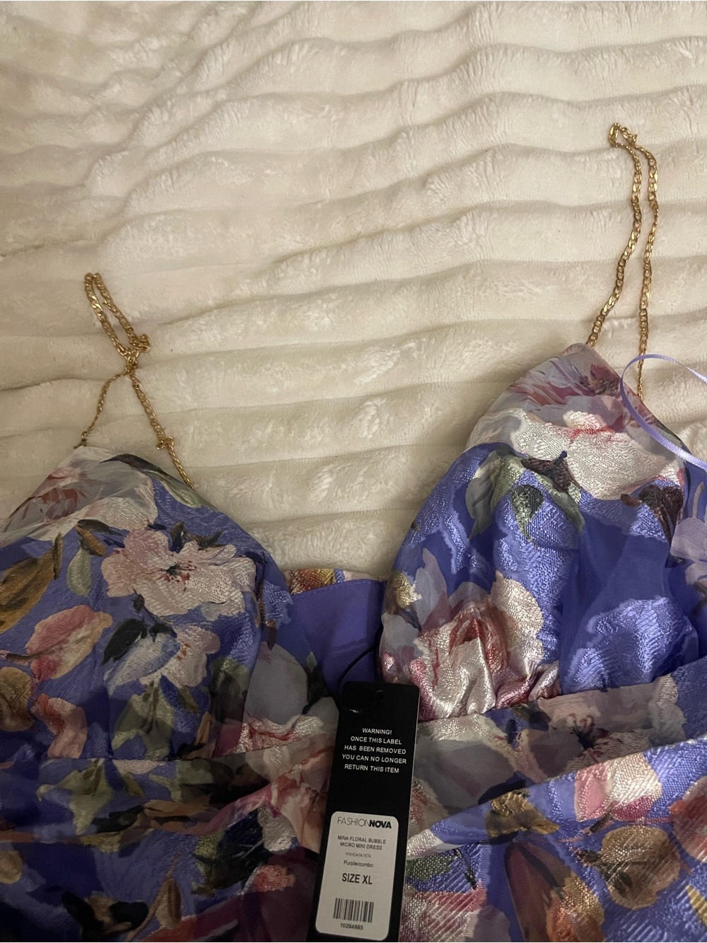 Fashion Nova Purple Floral Mini Dress with Gold Chain Straps - Picture 3 of 7
